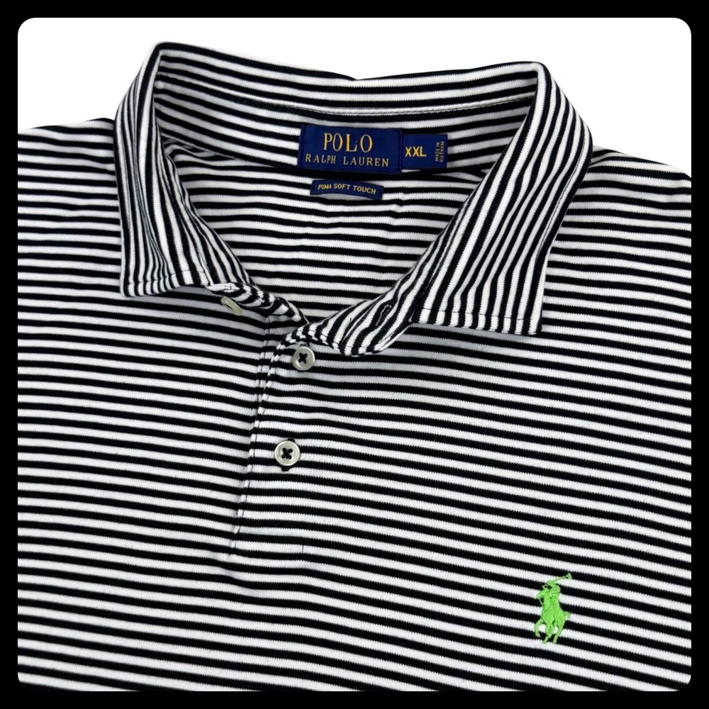 Polo Ralph Lauren Pima Soft Touch Shirt Men 2XL Black White Stripe Green Pony